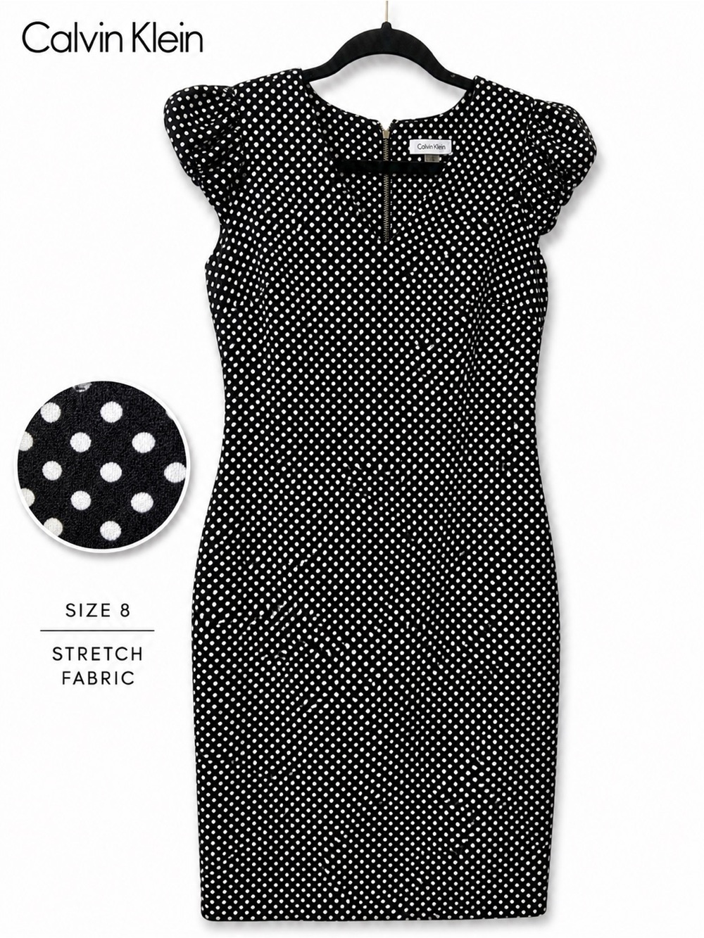 Calvin Klein Black White Polka Dot Puff Sleeve Sheath Dress Size 8